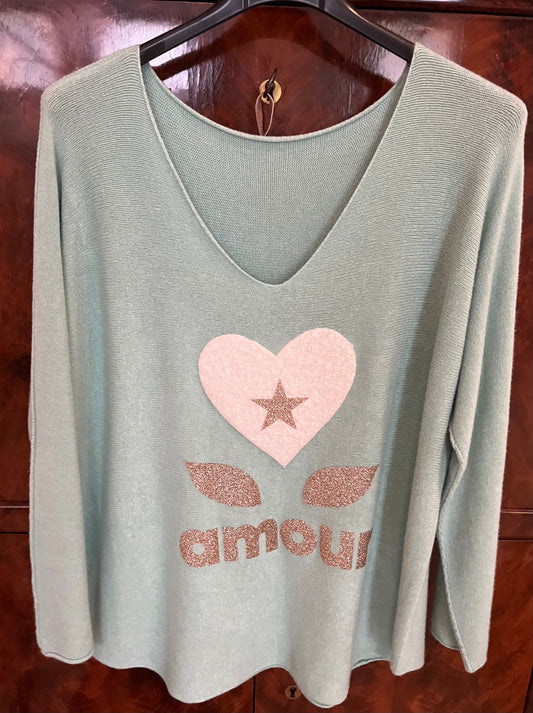 Pull tout doux Amour vert anis