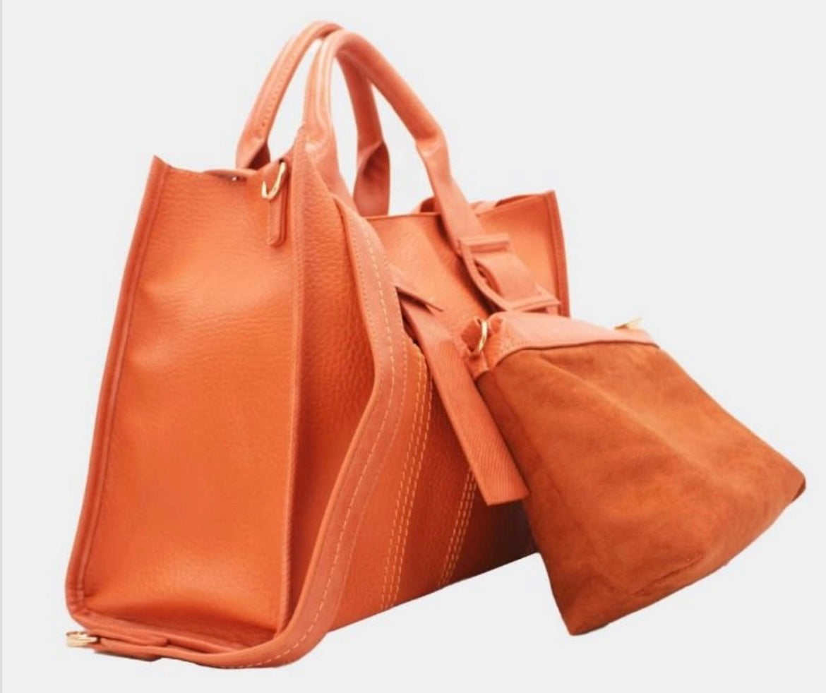 Grand cabas orange pochette suédine